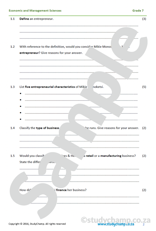 Grade 7 EMS Test: Entrepreneurs and new businesses