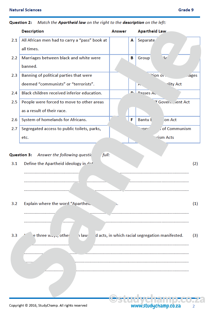 Grade 9 History Test: Turning points in South Africa and Apartheid 1948