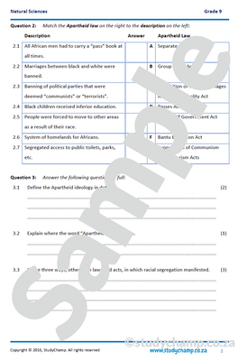 Grade 9 History Test: Turning points in South Africa and Apartheid 1948
