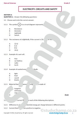 Grade 9 Natural Sciences Test: Electricity, Circuits and Safety