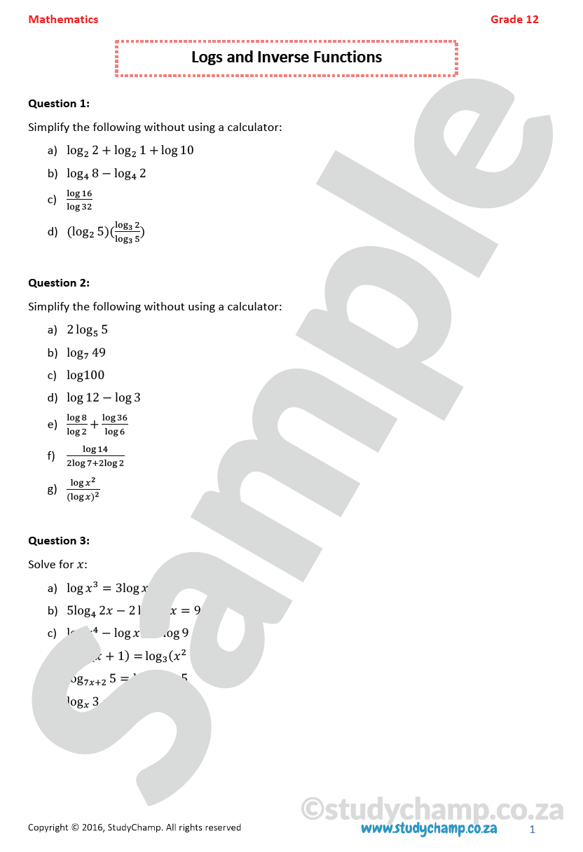 Grade 12 Mathematics worksheet: Logarithms and Inverse functions