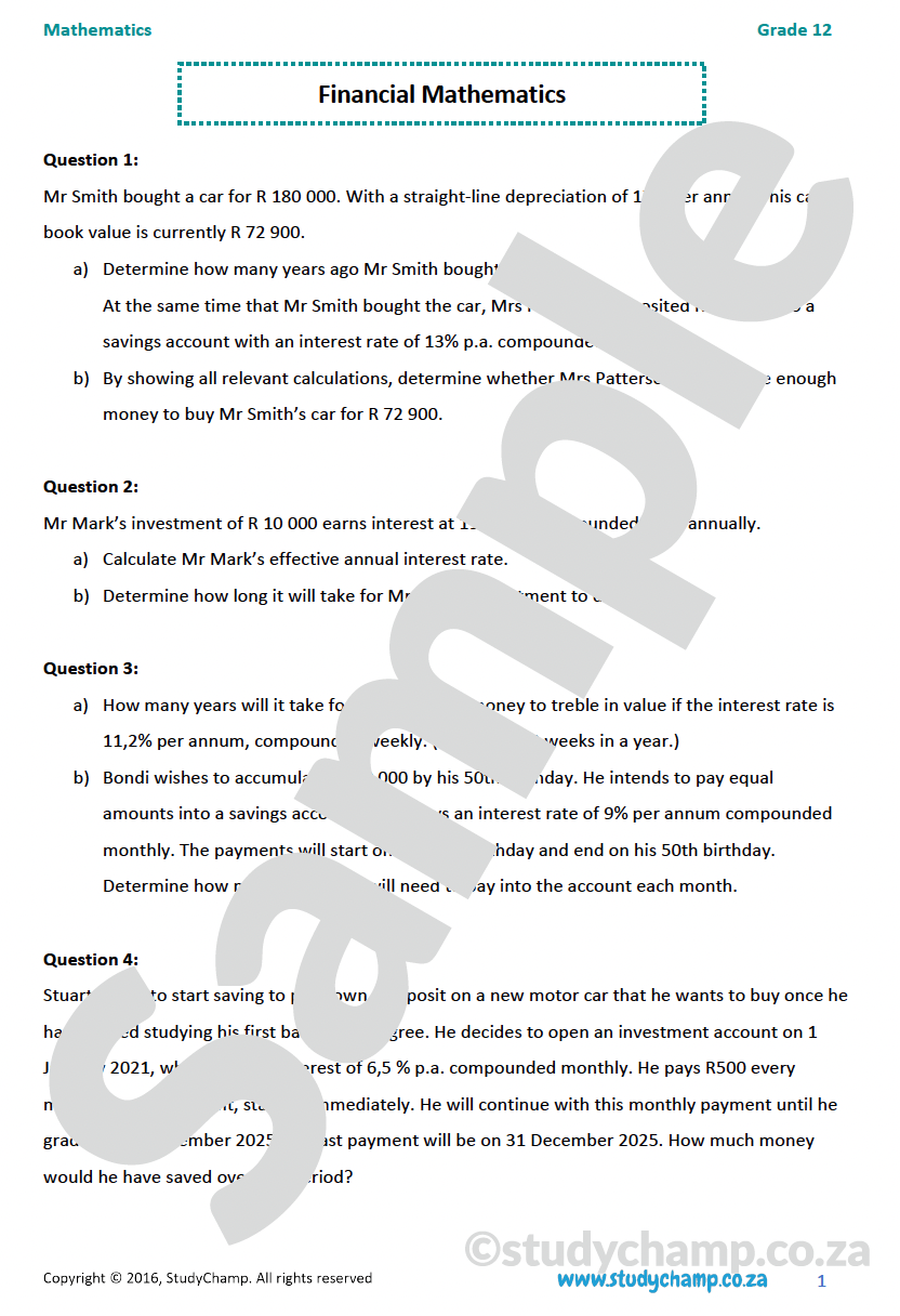 Grade 12 Mathematics worksheet: Finance