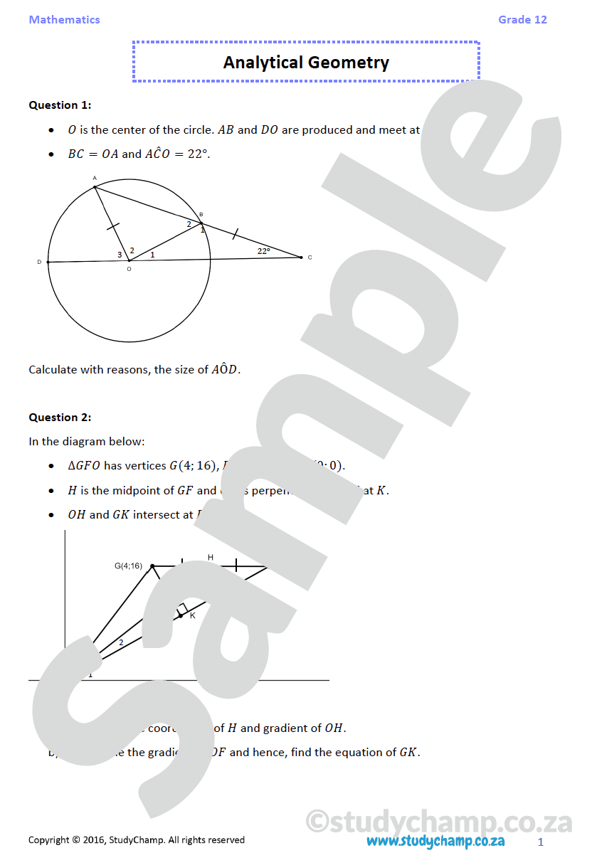 Grade 12 Mathematics worksheet: Analytical Geometry