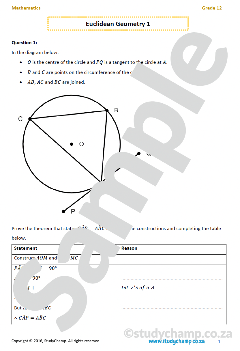 Grade 12 Mathematics worksheet: Euclidean Geometry 1