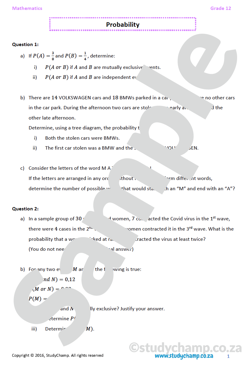 Grade 12 Mathematics worksheet: Probability