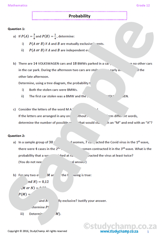 Grade 12 Mathematics worksheet: Probability