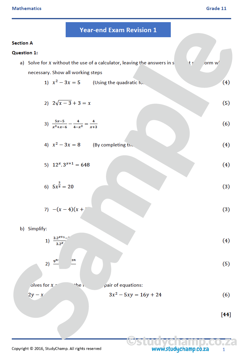 Grade 11 Mathematics Year-end Exam Revision: Workbook 1