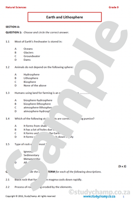 Grade 9 Natural Sciences Test: Earth and Lithosphere