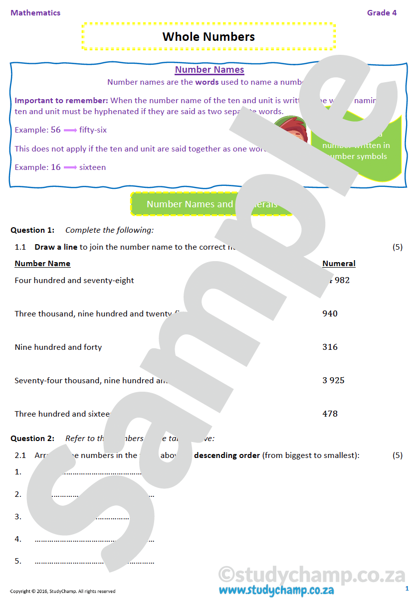 Grade 4 Mathematics worksheet: Whole numbers