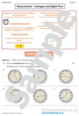 Grade 4 Mathematics worksheet: Time - digital and analogue