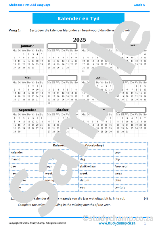 Grade 6 Afrikaans: Kalender en Tyd