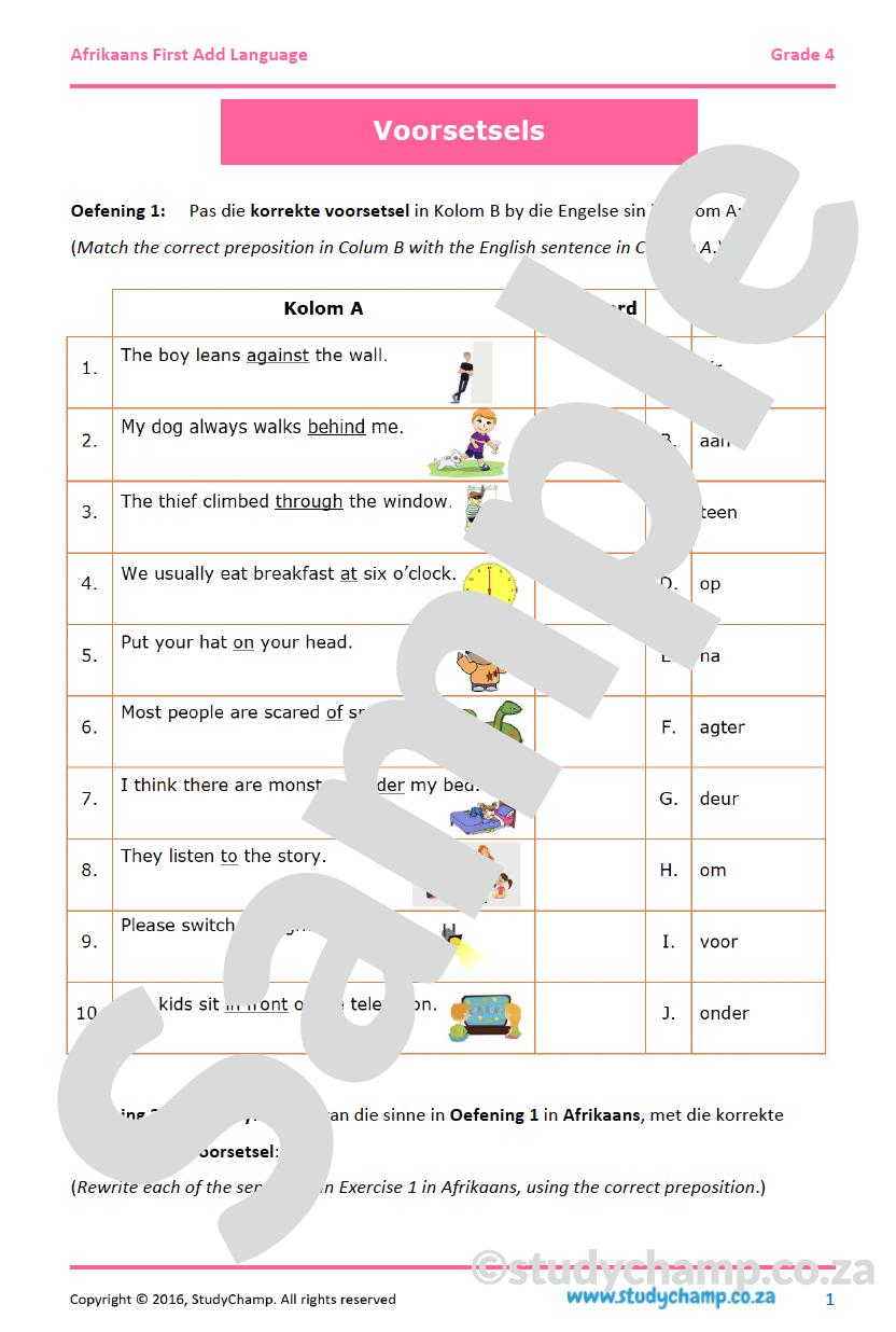 Grade 4 Afrikaans: Voorsetsels