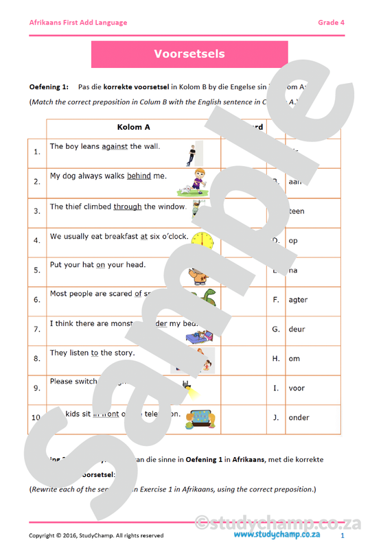 Grade 4 Afrikaans: Voorsetsels
