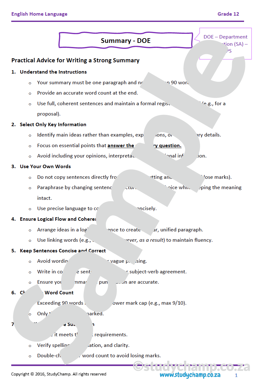 Grade 12 DOE English: Summary