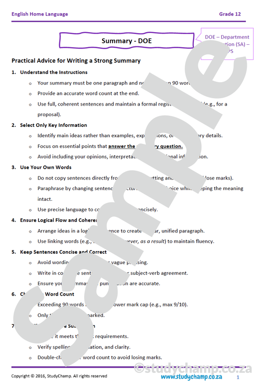 Grade 12 DOE English: Summary
