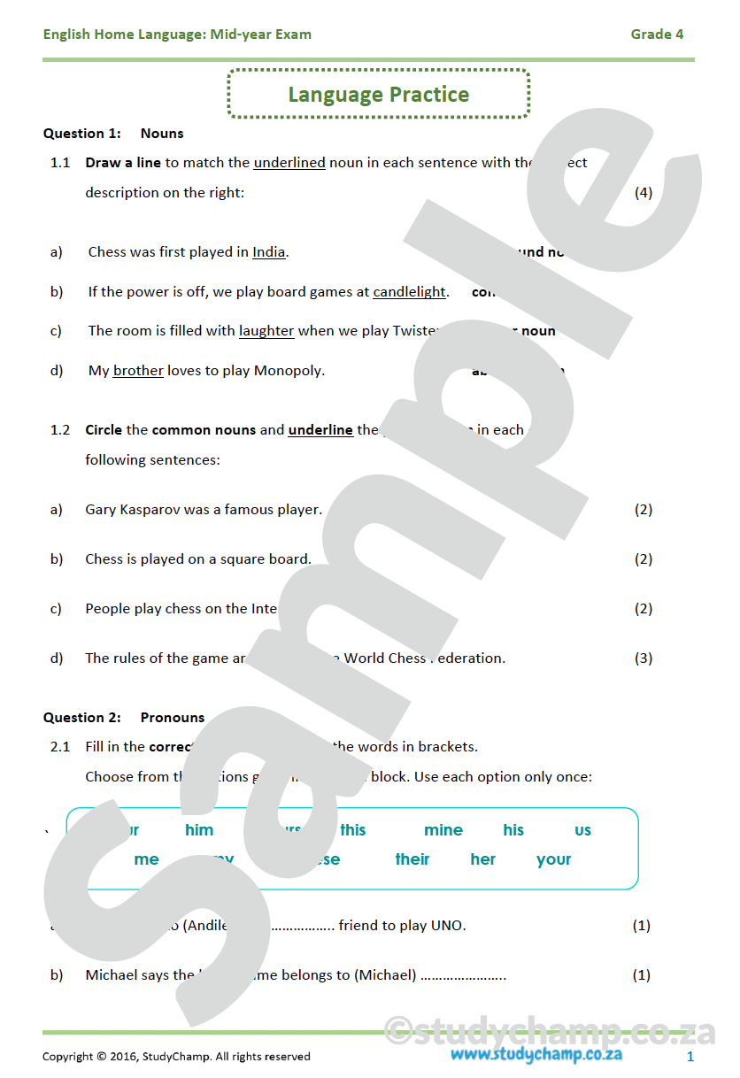 Grade 4 English Mid-Year Exam workbook: Language and Grammar