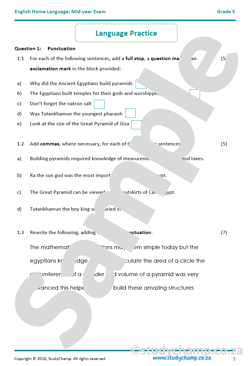 Grade 5 English Mid-year Exam workbook: Language and Grammar