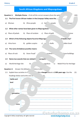 Grade 6 History Mid-year Exam Revision workbook