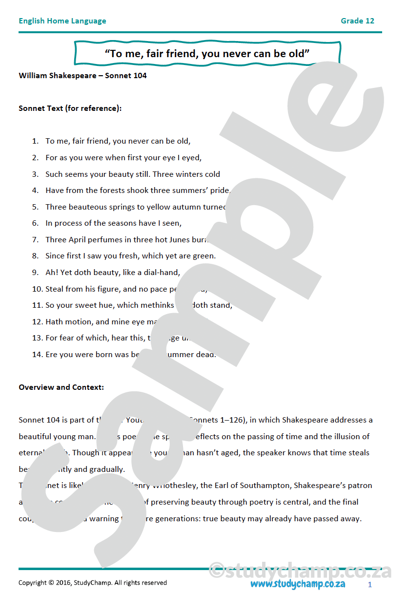 Grade 12 IEB English Poetry: Sonnet 104