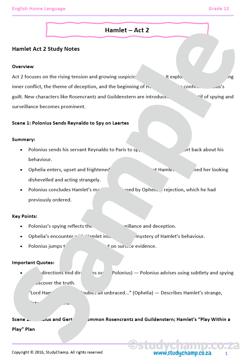 Grade 12 Hamlet: Act 2 and Act 3