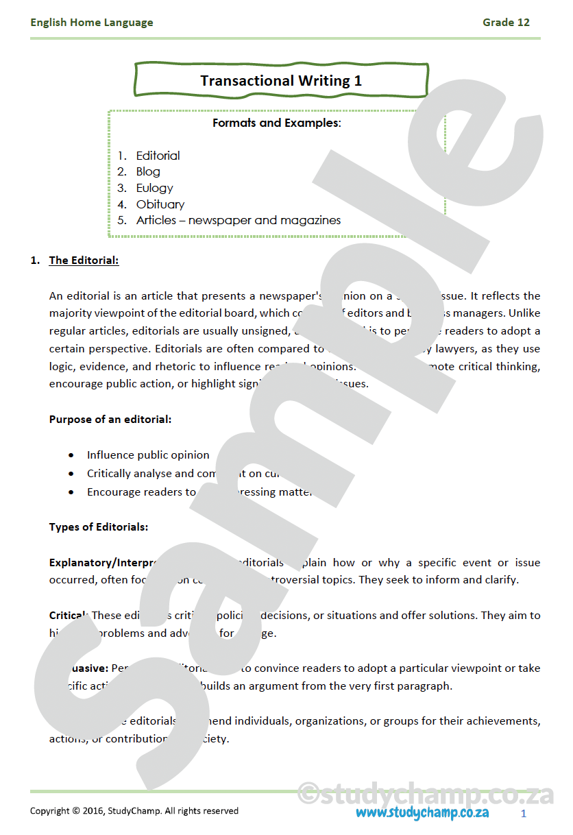 Grade 12 English Home Language: Transactional Writing 1