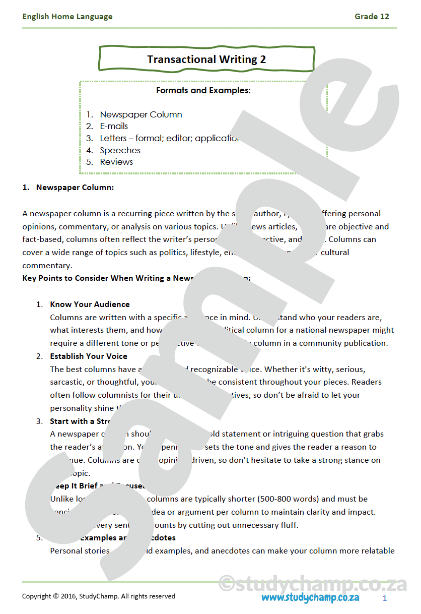 Grade 12 English Home Language: Transactional Writing 2