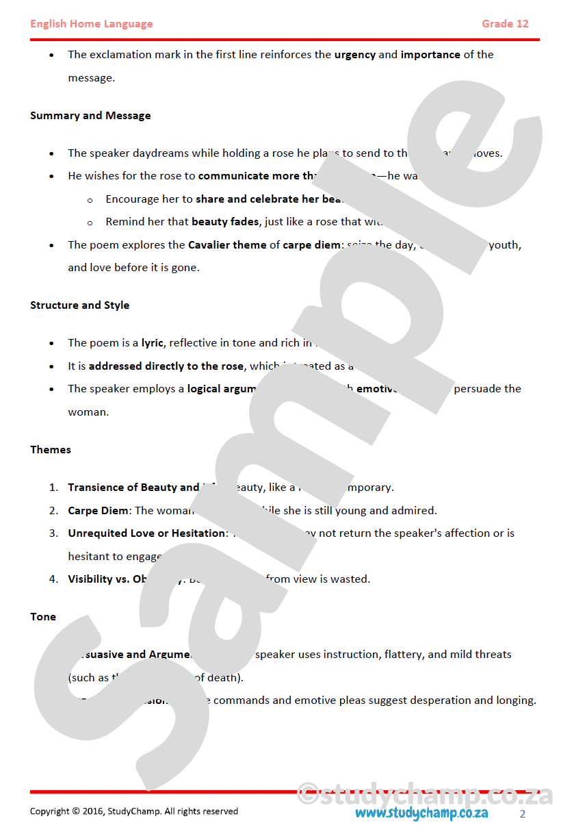Grade 12 IEB English Home Language: Poetry - Go Lovely Rose