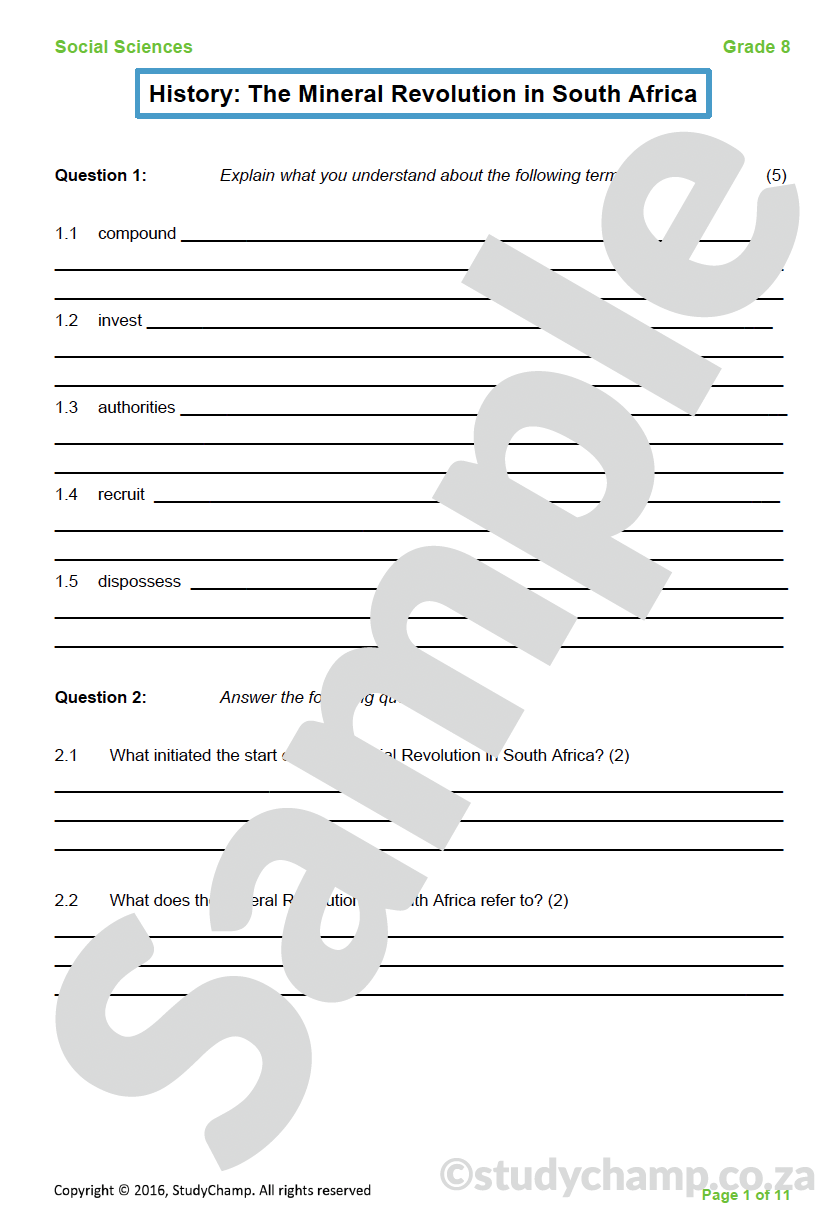 Grade 8 History Test: Mineral Revolution