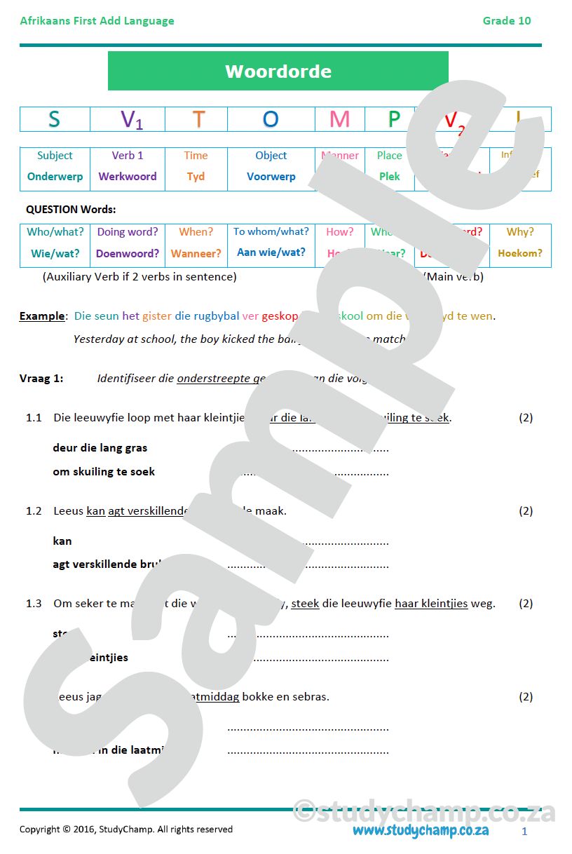 Grade 10 Afrikaans: Woordorde