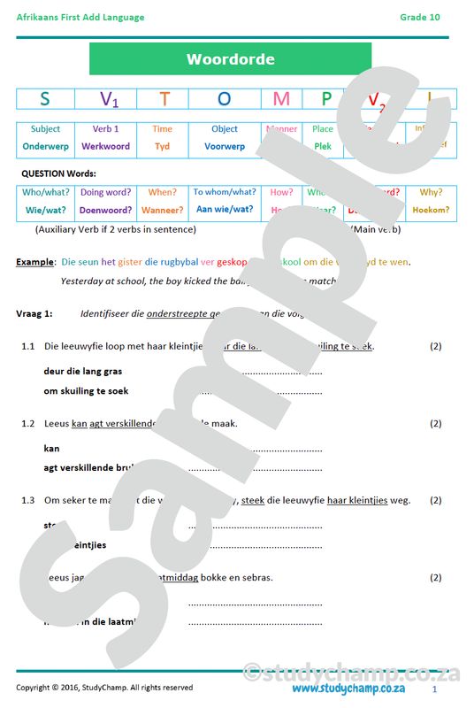 Grade 10 Afrikaans: Woordorde