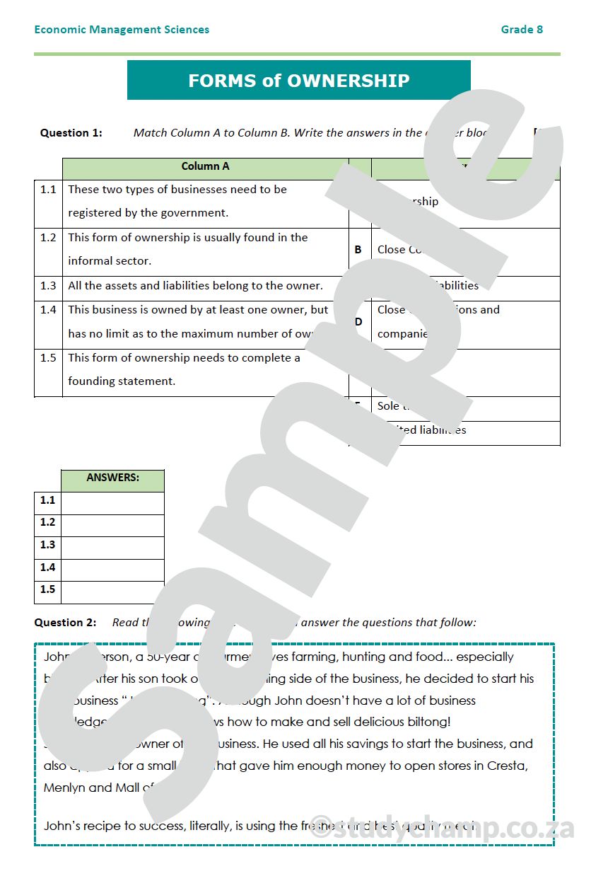 Grade 8 EMS Test: Forms of Ownership