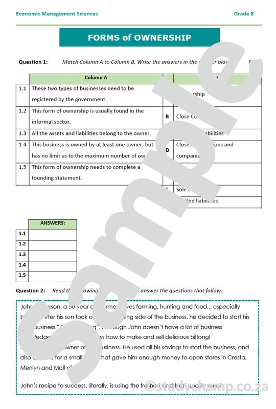 Grade 8 EMS Test: Forms of Ownership