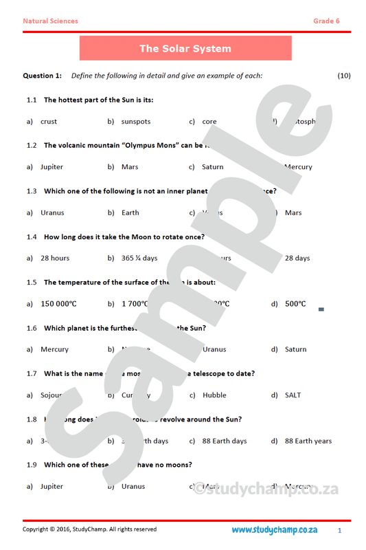 Grade 6 Natural Sciences Test: The Solar System