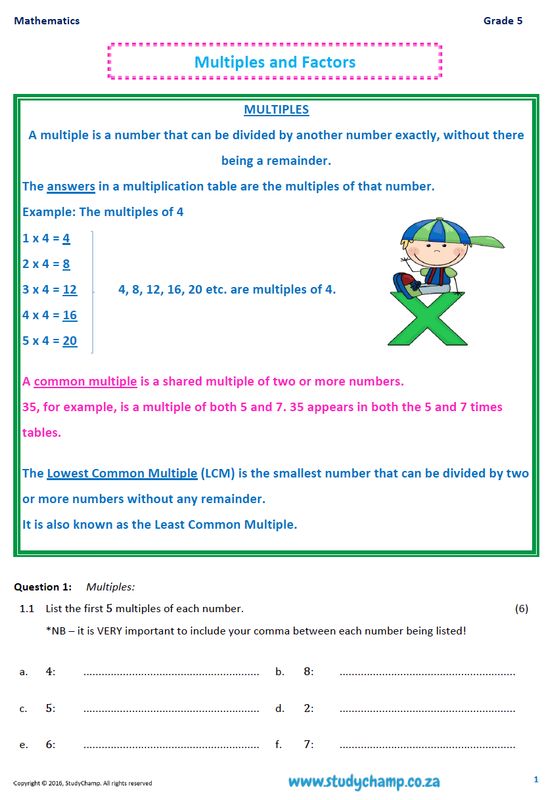 Grade 5 Mathematics Worksheet: Multiples and Factors