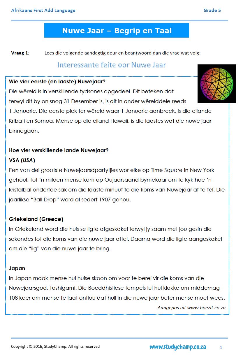 Grade 5 Afrikaans Begrip en Taalwerkboek: Nuwe Jaar