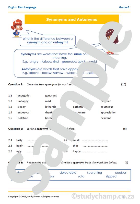 Grade 6 English Worksheet: Synonyms, Antonyms and Soundalikes