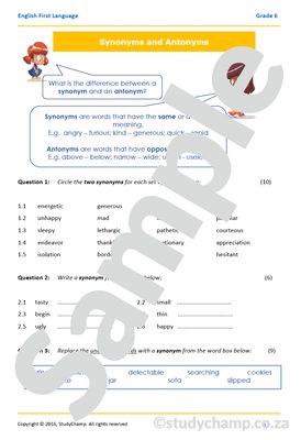 Grade 6 English Worksheet: Synonyms, Antonyms and Soundalikes