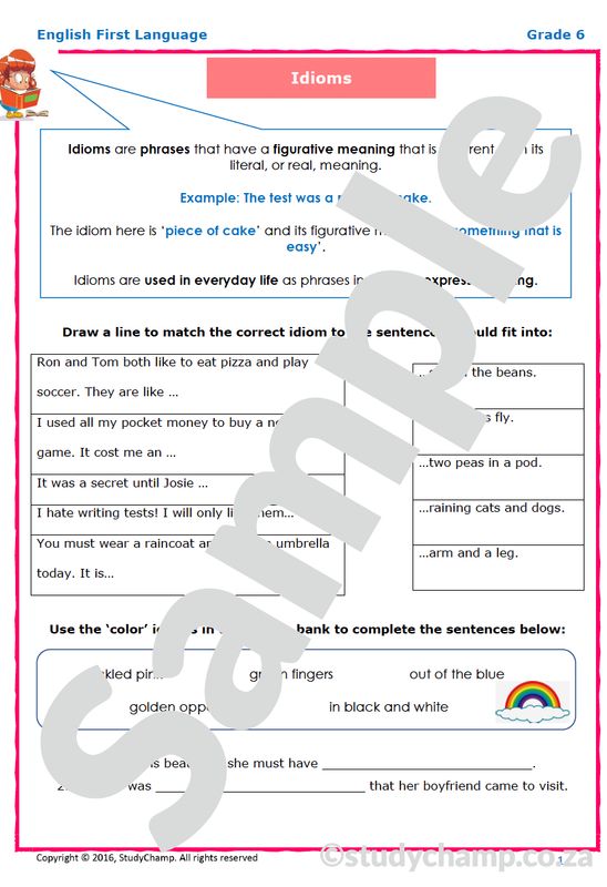 Grade 6 English Worksheet: Idioms