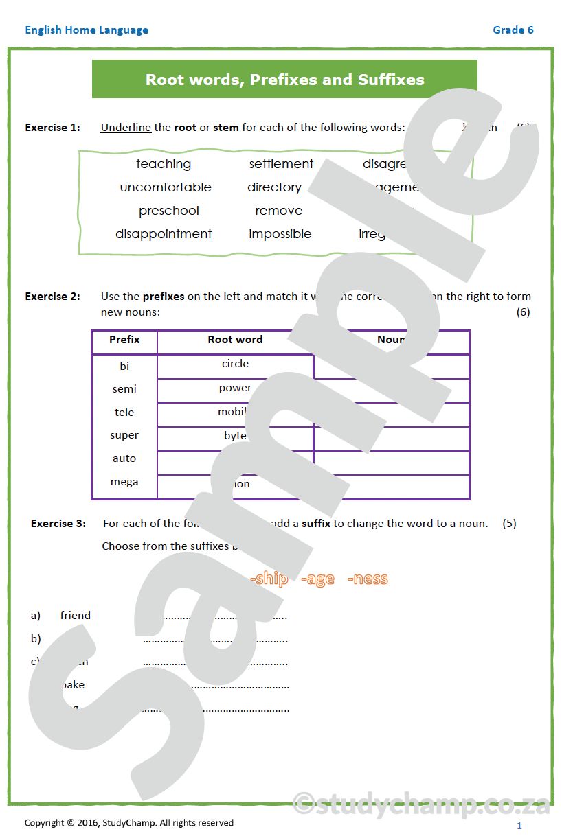 Grade 6 English Worksheet: Word structures