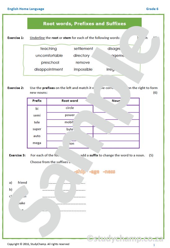 Grade 6 English Worksheet: Word structures