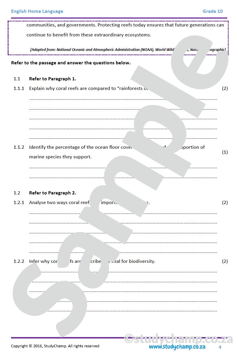 Grade 10 English DOE: Comprehension - Coral Reefs