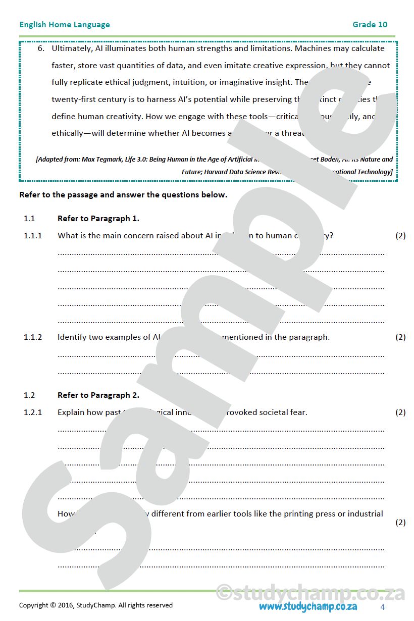Grade 10 English DOE: Comprehension - Artificial Intelligence
