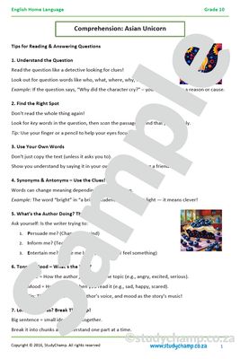 Grade 10 English DOE: Comprehension - Unicorn