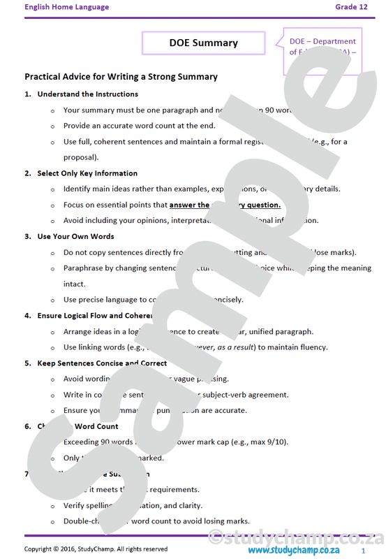 Grade 12 DOE English Home Language: Summary