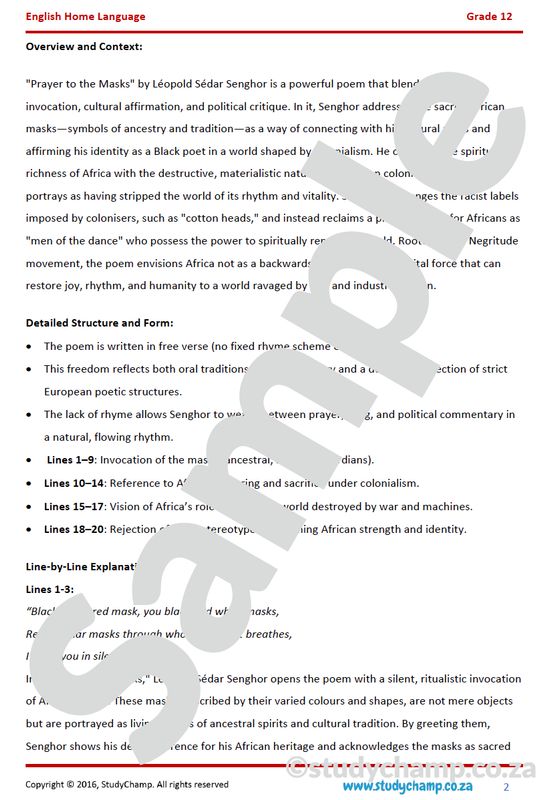 Grade 12 DOE English Home Language: Poetry - Prayer to Masks and Solitude