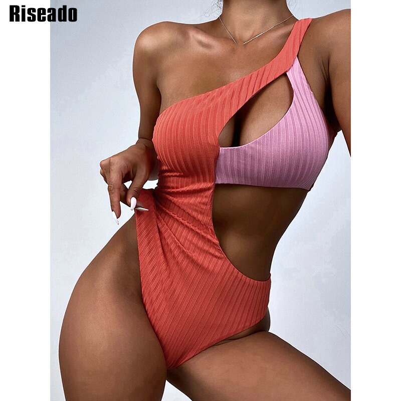 Bikini Bay: One Shoulder One Piece Swimsuit Ribbed Swimwear Cut Out Swimming Suit For Women. Two Tone Bathing Suits High Cut For Women