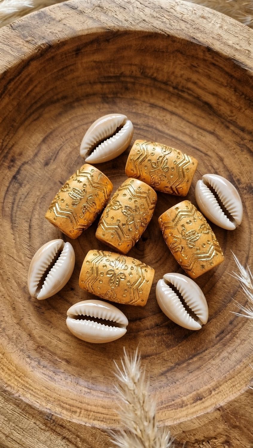 Engraved Wooden beads + Cowries Combo