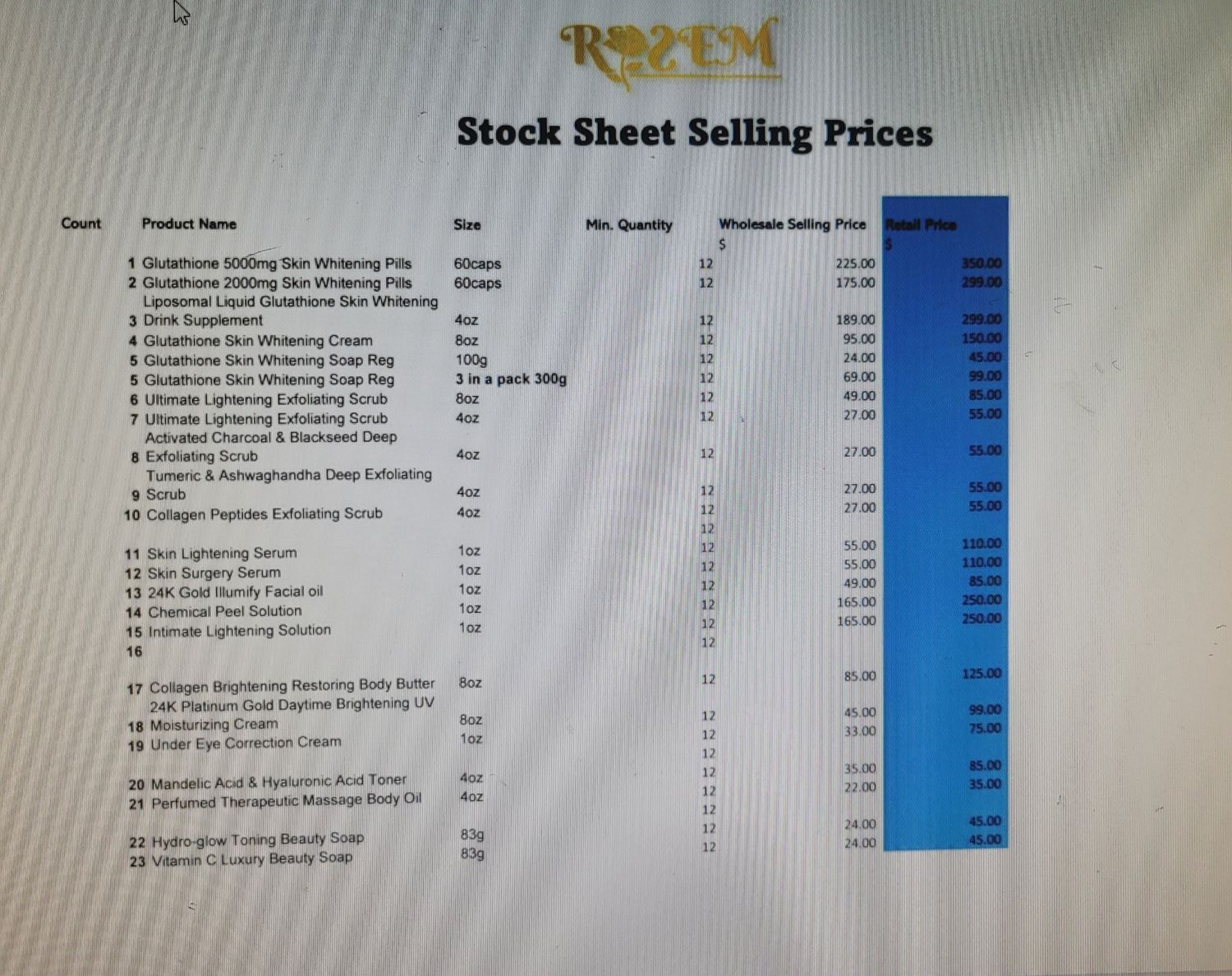 Wholesale Price Listing