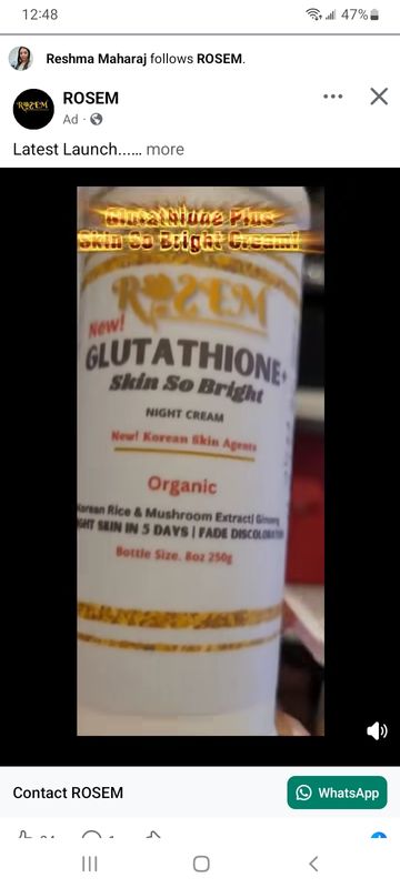 Glutathione Skin So Bright Cream 8oz "With Korean Rice Extract"