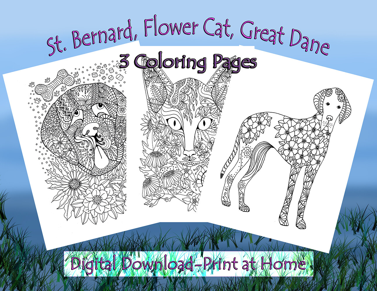 Dogs | Cat | Flowers | 3 Coloring Page Bundle | Printable Digital Downloads | Original Coloring Pages for Adults and Kids